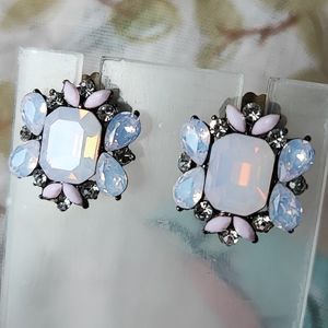 Pink Opaline Emerald Cut Teardrop Unsigned Pierced Earrings